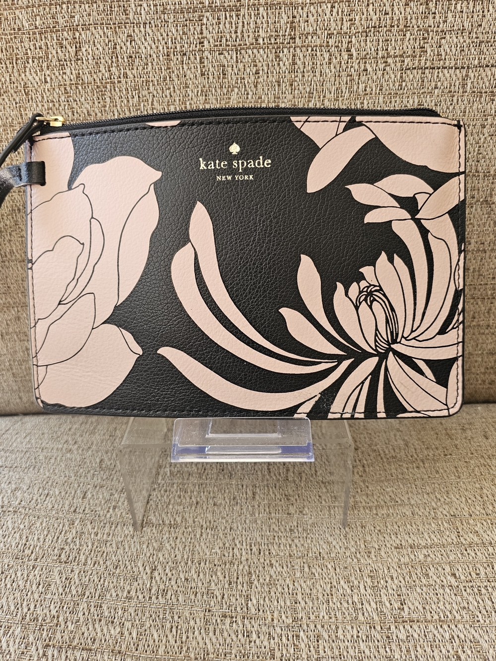 Kate Spade New York Street Floral Large L-Zip Wristlet Black & Blush EUC